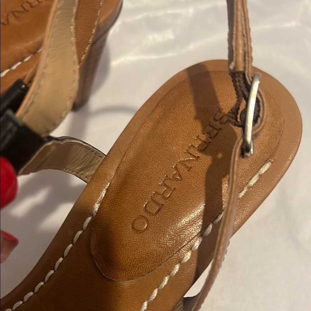 Anthropologie Bernardo Charlotte Brown Tan Black Strappy Heels - Picture 6 of 10